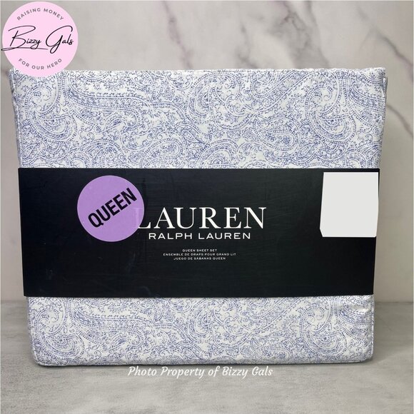 Ralph Lauren Blue Paisley Queen Sheet Set White - Picture 1 of 3